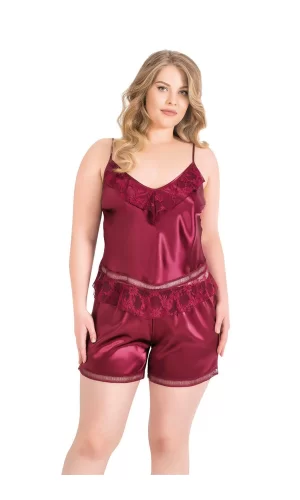 Büyük Beden Bordo Saten Babydoll Şort Takımı