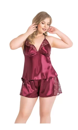 Büyük Beden Bordo Saten Babydoll Şort Takımı