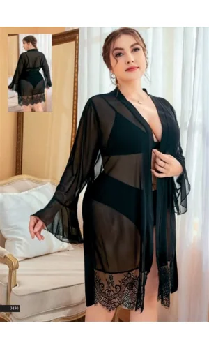 Büyük Beden Fantazi Tül Sabahlık Takım
