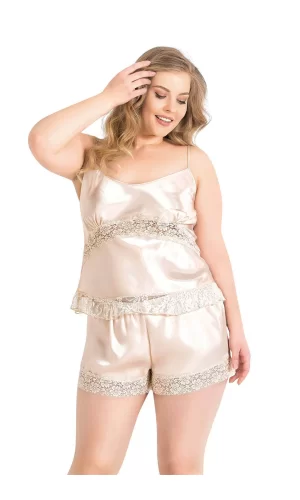 Büyük Beden Fildişi Saten Babydoll Şort Takımı