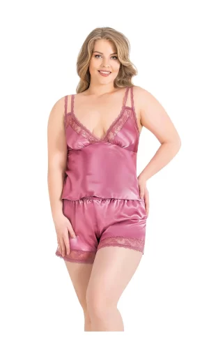 Büyük Beden Gül Kurusu Saten Babydoll Şort Takımı