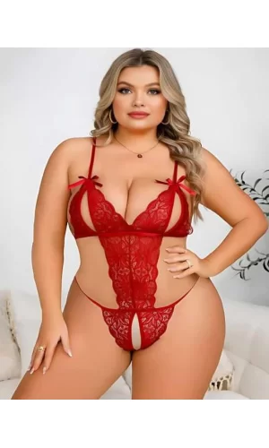 Büyük Beden Kırmızı Dantel İşlemeli Dekolteli Fantezi Babydoll