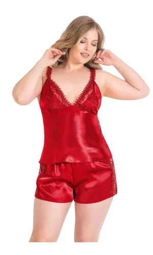 Büyük Beden Kırmızı Saten Babydoll Şort Takımı