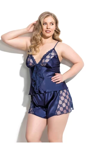 Büyük Beden Lacivert Saten Babydoll Şort Takımı