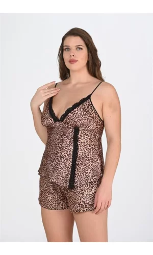 Büyük Beden Leopar Desenli Şort Takımı 1074