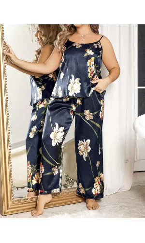 Büyük Beden Mavi Üstüne Çiçek Desenli İnce Askılı 2li Saten Pijama Takımı