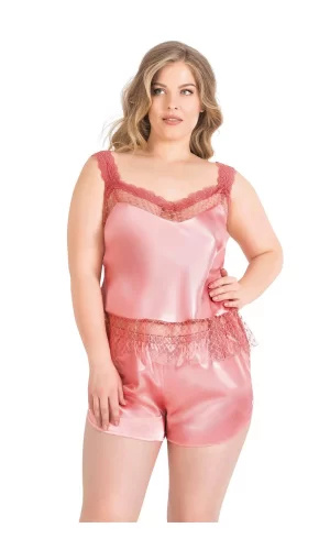 Büyük Beden Mercan Saten Babydoll Şort Takımı