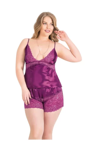 Büyük Beden Mor Saten Babydoll Şort Takımı