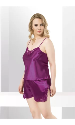 Büyük Beden Mor Saten Babydoll Şort Takımı