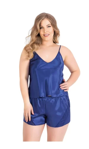 Büyük Beden Saks Saten Babydoll Şort Takımı