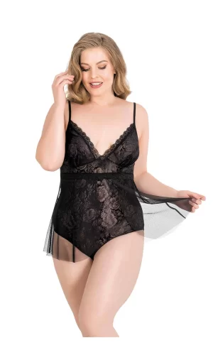 Büyük Beden Siyah Bodysuit Jakarlı Gecelik