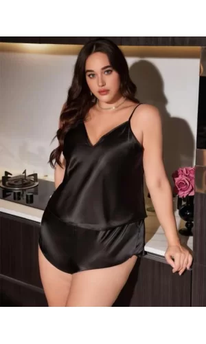 Büyük Beden Siyah Saten Şortlu Takım