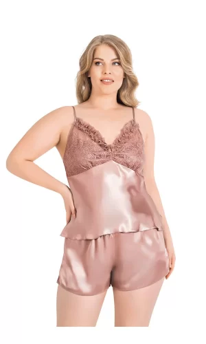 Büyük Beden Vizon Saten Babydoll Şort Takımı