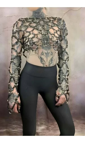 Çapraz Tasarım Uzun Kollu Deri Crop Bağlamalı Büstiyer Harness- Brf1076