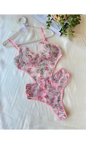 Çiçek Dal Desenli Pembe Bodysuit