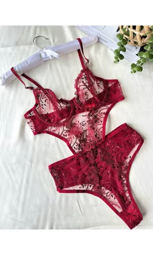 Çiçek Desenli Bordo Bodysuit