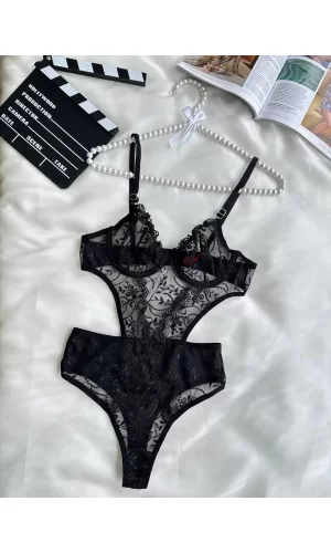 Çiçek Desenli Siyah Bodysuit