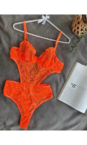 Çiçek Desenli Turuncu Bodysuit