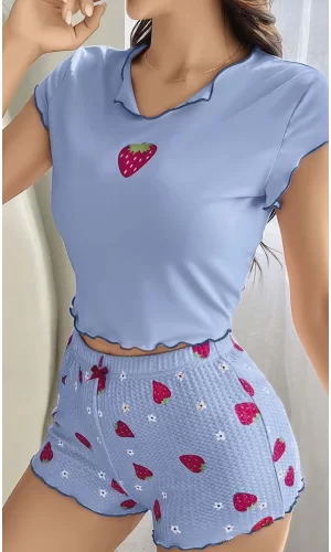 Çilek Desenli Mavi Seksi Pijama Takım