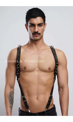Çivi Detaylı Erkek  Göğüs Harness, Erkek  Clubwear, Deri Erkek  Harness - Brfm203