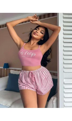 Çizgili Askılı Şortlu Pijama Takımı