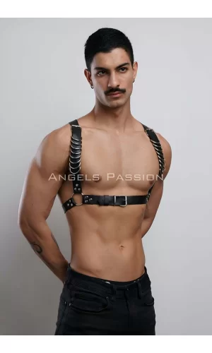 D Halka Detaylı Şık Erkek  Göğüs Harness, Erkek  Deri T-shirt Aksesuar - Brfm92