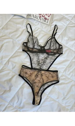 Desenli Ten Siyah Bodysuit