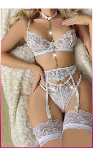 Ekru Göğüs Balenli Dantelli Zincir Detaylı Seksi Jartiyer Takım