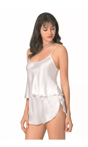 Ekru Saten Babydoll Şort Takımı