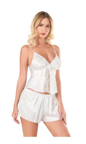Ekru Saten Babydoll Şort Takımı