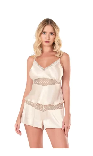 Fildişi Saten Babydoll Şort Takımı