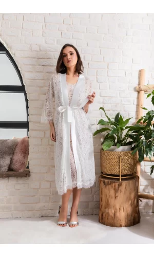 Gelin Set Transparan Midi Boy Kuşaklı Sabahlık Ekru (mgp12176)