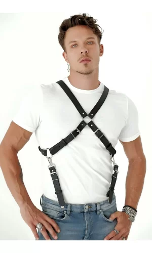Göğüs Detaylı Arkadan Bağlamalı Erkek  Deri Harness - Brfm84
