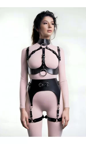 Halkalı Göğsü Açık Deri Jartiyer Harness Takım - Brf1231