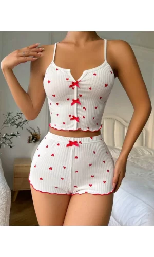 Kadın Beyaz Fiyonk Desenli Seksi Gecelik Takım