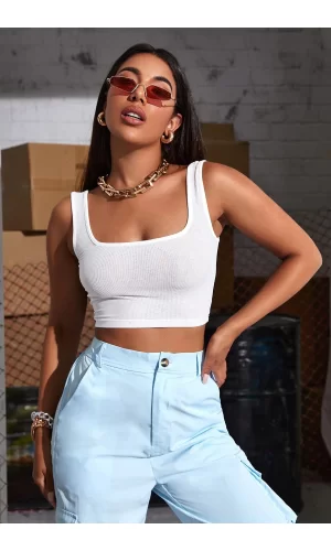 Kadın Beyaz Kalın Askılı Crop Top Büstiyer