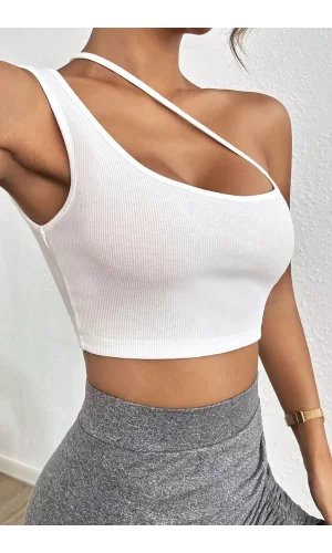 Kadın Beyaz Tek Omuzlu Çapraz Askılı Crop Top Büstiyer