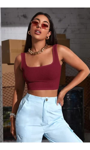 Kadın Bordo Kalın Askılı Crop Top Büstiyer