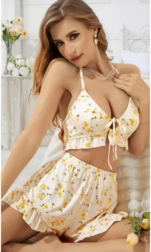 Kadın Çiçekli Ekru Askılı Şortlu Pijama Takım 6646