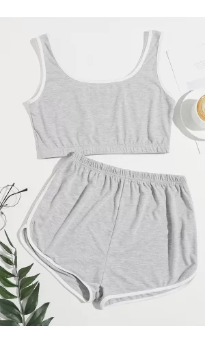 Kadın Gri Askılı Crop Top Ve Şortlu Gecelik Takım