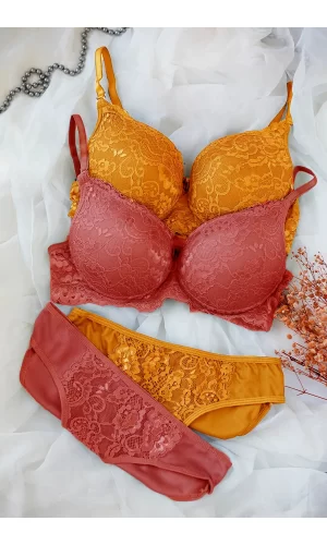 Kadın Hardal Ve Kiremit Rengi Dolgulu Balenli Sütyen Külot 2li Paket