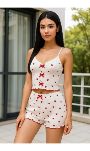 Kadın Kalp Desenli Şortlu Pijama Takımı