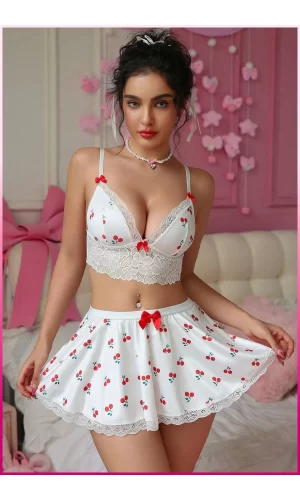 Kadın Kirazlı Fiyonklu Seksi Kostüm