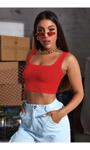Kadın Kırmızı Kalın Askılı Crop Top Büstiyer