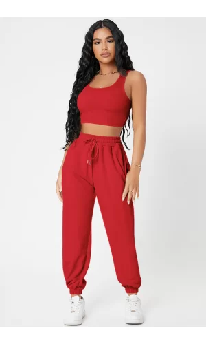 Kadın Kırmızı Kaşkorse Cepli Jogger Eşofman Altı Ve Crop Top Bluz
