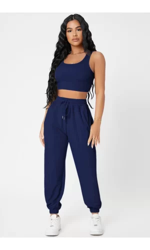 Kadın Lacivert Kaşkorse Cepli Jogger Eşofman Altı Ve Crop Top Bluz
