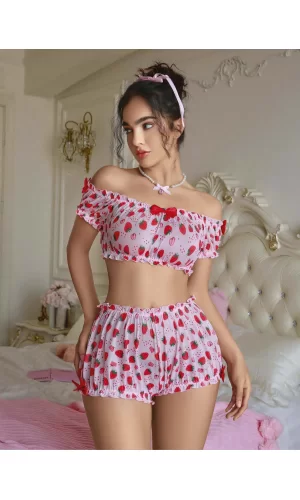 Kadın Pembe Çilek Desenli Sexy Kostüm