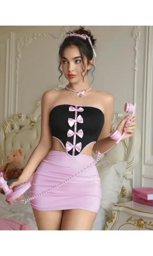 Kadın Pembe Etekli Fiyonk Detaylı Sexy Kostüm 8010