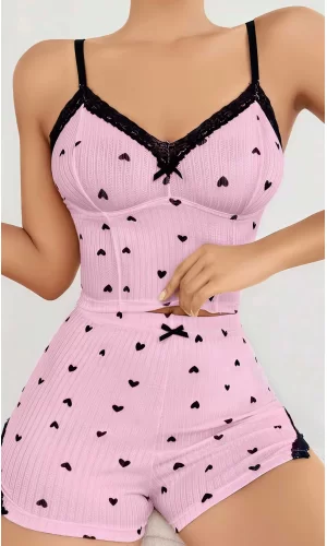 Kadın Pembe Kalp Desenli Askılı Şortlu Pijama Takım 6647