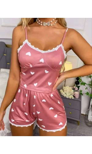 Kadın Pudra Kalp Desenli Seksi Gecelik Takım 6641